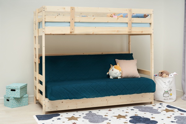 Двухъярусная кровать массив с диван-кроватью синий / натуральный